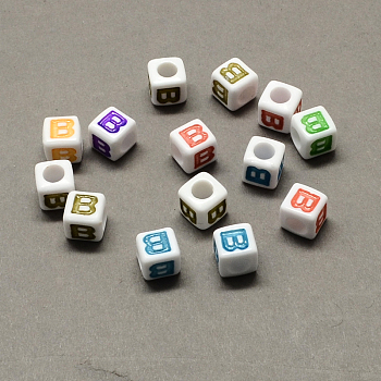 Large Hole Colorful Acrylic Letter European Beads, Horizontal Hole, Cube with Letter.B, 7x7x7mm, Hole: 4mm, about 1144pcs/500g