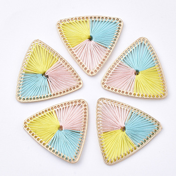 Tri-color Polyester Thread Woven Pendants, with Golden Plated Alloy Findings, Long-Lasting Plated, Triangle, Colorful, 34.5x36x3mm, Hole: 0.8mm