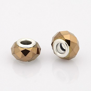Faceted Glass European Beads, Large Hole Rondelle Beads, with Silver Tone Brass Cores, Full Copper Plated, 14x9mm, Hole: 5mm