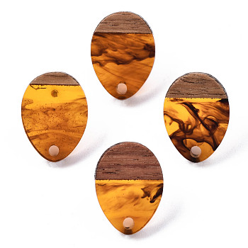 Resin & Walnut Wood Stud Earring Findings, with 304 Stainless Steel Pin, Teardrop, Chocolate, 17x13mm, Hole: 1.8mm, Pin: 0.7mm