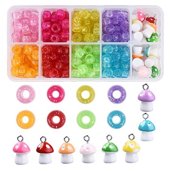 256Pcs 16 Style Autumn Theme Transparent Acrylic European Beads, Large Hole, with Glitter Powder, AB Color Plated, Column & Mushroom with Polka Dots, Mixed Color, 6x9mm, Hole: 4mm