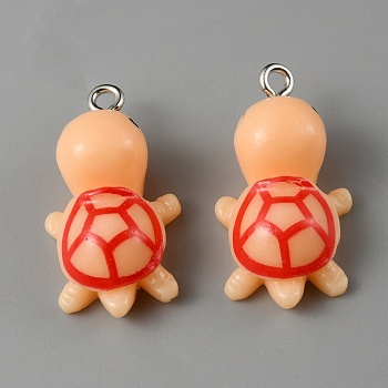 Opaque Resin Pendants, Cute Tortoise Charms, with Platinum Plated Iron Loops, Light Salmon, 26x14x9.5mm, Hole: 2mm