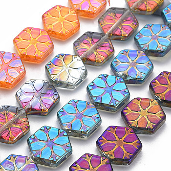 Electroplate Glass Beads Strands, Hexagon Snowflake, Mixed Color, 16x15x4mm, Hole: 1.2mm, about 25.2pcs/strand, inches(64cm)