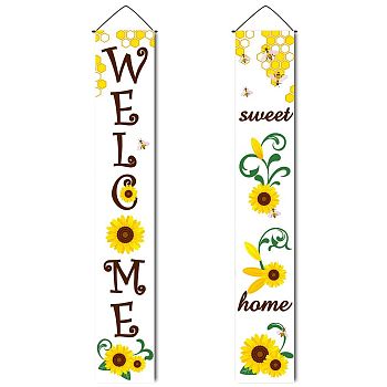 Hanging Polyester Banner Sign for Home Office Front Door Porch Welcome Decorations, Rectangle with Word WELCOME sweet home, Sunflower Pattern, 180x30mm, 2pcs/set