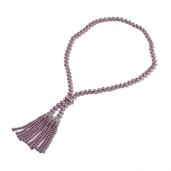 (Jewelry Parties Factory Sale)Electroplated Shell Beaded Tassel Necklaces, with Brass Micro Pave Cubic Zirconia Beads and Clasp, Round, Purple, 28.3 inch(72cm)
