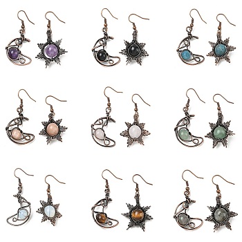 Natural & Synthetic Gemstone Dangle Earrings, with Brass Findings, Moon/Sun, Asymmetrical Earrings, Red Copper, 47~47.5x22.5~27mm