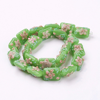 Handmade Bumpy Lampwork Beads Strands, Rectangle with Flower, Yellow Green, 17.5~18x14x11~13mm, Hole: 2mm