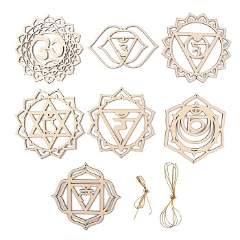 7 Chakra Theme Unfinished Wooden Pendant Decorations, with Ropes, for Wall Decoration, Meditation, BurlyWood, Pendant: 9.2~15x13~15.2x0.25cm, Hole: 1.5~3.5mm, 7pcs