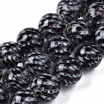 Transparent Handmade Lampwork Beads Strands, Inner Flower, Round, Black, 11.5~12.5mm, Hole: 1.5mm, about 45pcs/strand, 19.88 inch(50.5cm)