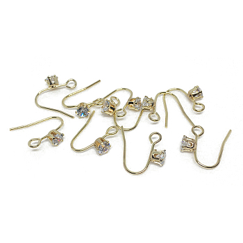 Brass Earring Hooks, Ear Wire, with Clear Cubic Zirconia & Horizontal Loops, Golden, 14.3x13mm, Pin: 1mm