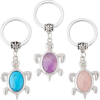 3Pcs 3 Style Natural & Synthetic Stone Keychain, with Platinum Plated Alloy Findings and Key Rings, Sea Turtle, 6.9cm, 1pc/style