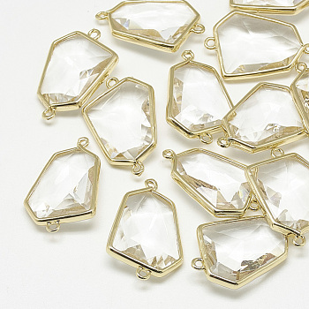 Glass Links connectors, with Golden Tone Brass Findings, Faceted, Polygon, Clear, 25.5x17x6.5mm, Hole: 1mm