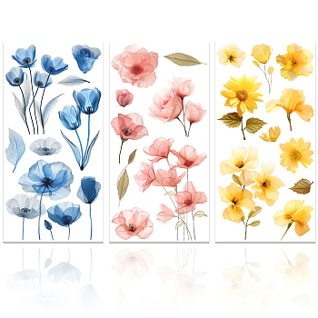 3 Sheets 3 Styles Flower PVC Waterproof Decorative Stickers, Self Adhesive Floral Decals for Furniture Decoration, Flower, 300x150mm, 1 sheet/style