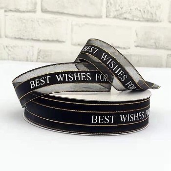 Printed Polyester Satin Ribbon, Word Best Wishes For You, Black, 1 inch(24mm), about 44.84 Yards(41m)/Roll
