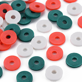 3 Colors Handmade Polymer Clay Beads, Heishi Beads, Disc/Flat Round, Teal & Red & White, 8x0.5~1.5mm, Hole: 2mm, about 11500pcs/1000g
