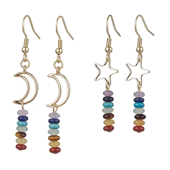 2 Pairs 2 Style Moon & Star 304 Stainless Steel Dangle Earrings Set, Natural & Synthetic Mixed Gemstone Beaded Drop Earrings, Golden, 47~55x10~11mm, 1 Pair/style