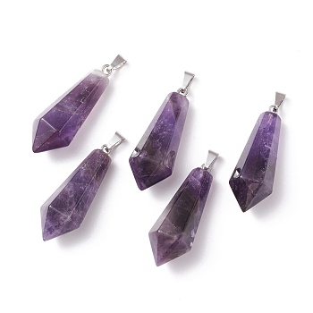 Natural Amethyst Pointed Pendants, with Platinum Plated Brass Loops, Bullet, 35.3~38x13~14mm, Hole: 6.5x2.8mm