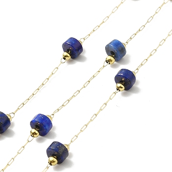 Ion Plating(IP) 316 Surgical Stainless Steel Paperclip Chains, with Natural Lapis Lazuli Column Beads, Soldered, Real 18K Gold Plated, with Spool, Link: 2.5x1x0.3mm