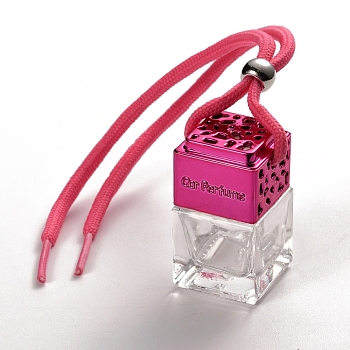 Car Air Freshener Perfume Bottle, Glass Hanging Aromatherapy Essential Oil Scent Diffuser, Square, Deep Pink, 24cm