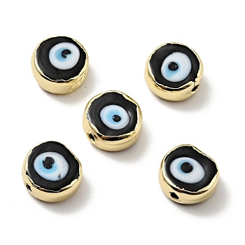 Handmade Evil Eye Lampwork Beads, with Brass Findings, Flat Round, Black, 11.5x6mm, Hole: 1.6mm