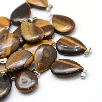 Teardrop Natural Tiger Eye Pendants, with Platinum Tone Brass Findings, 25~29x16~17x5~6mm, Hole: 2x7mm