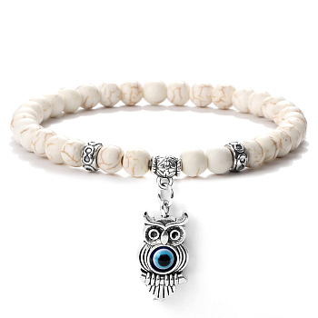 Fashion Synthetic Turquoise Beaded Stretch Bracelets, Owl with Evil Eye Charms Bracelets for Women