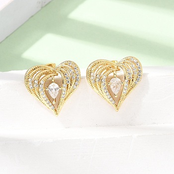 Brass Micro Pave Clear Cubic Zirconia Stud Earrings, Heart, Golden, 19.5x20.5mm
