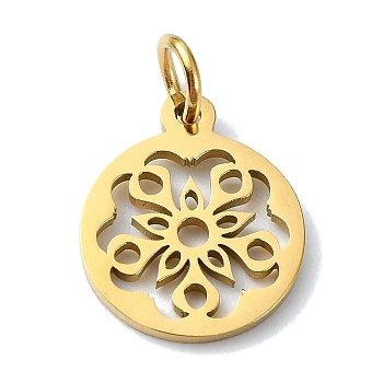 304 Stainless Steel Charms, with Jump Ring, Laser Cut, Flat Round with Flower Charms, Golden, 14x12x1mm, Hole: 3mm