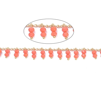 3.28 Feet Handmade Glass Beaded Chains, Soldered, with Golden Tone Brass Findings, Long-Lasting Plated, Coral, 2x1mm