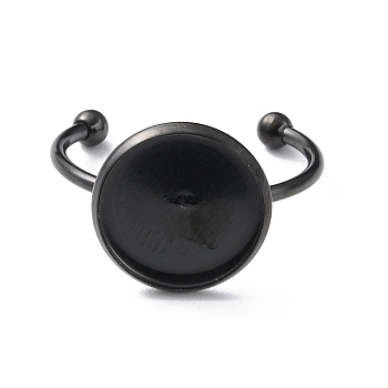 304 Stainless Steel Open Cuff Ring Components, Pad Ring Settings, Flat Round, Electrophoresis Black, Inner Diameter: 19mm, Tray: 12mm
