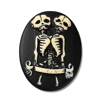 Halloween Opaque Resin Cabochons, Oval with Skull, Black, 38x28x5mm