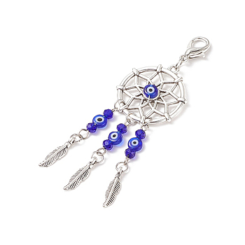 Woven Net/Web with Feather Tibetan Style Alloy Pendant Decorations, with Handmade Evil Eye Lampwork Bead & Alloy Lobster Claw Clasps, Clip-on Charms, Blue, 90mm