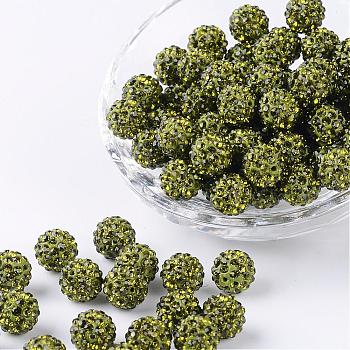 Pave Disco Ball Beads, Polymer Clay Rhinestone Beads, Grade A, Round, Olivine, PP14(2~2.1mm), 10mm, Hole: 1.0~1.2mm