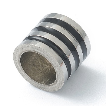 304 Stainless Steel Beads, with Enamel, Column with Stripe Pattern, Stainless Steel Color, Black, 8x9.5mm, Hole: 6.5mm