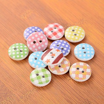 Mixed Flat Round 2-Hole Printed Wooden Buttons Garment Accessories, Mixed Color, 15x4.5mm, Hole: 1mm(BUTT-MSMC003-02)