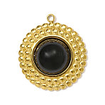 304 Stainless Steel with Synthetic Black Onyx Pendants, Round, Ion Plating(IP), Real 18K Gold Plated, 22x18mm(STAS-OY001-47G)