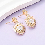 Heart Brass Micro Pave Clear Cubic Zirconia Dangle Stud Earrings, Pave Cluster Earring, Real 18K Gold Plated, 26x16mm(EJEW-D346-08G)