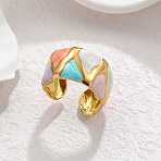 304 Stainless Steel Enamel Cuff Open Rings, Triangle Pattern, Golden, Colorful, 16mm(WG35DFF-10)