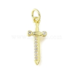 Brass Micro Pave Cubic Zirconia Pendants, Sword Charms, with Jump Ring, Long-Lasting Plated, Lead Free & Cadmium Free, Rack Plating, Real 18K Gold Plated, 19x7.5x2mm(KK-V007-17G)