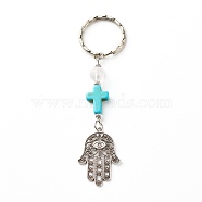 Natural Quartz Crystal Beads and Synthetic Turquoise beads Keychain, with Tibetan Style Alloy Pendants, Spacer Beads and Iron Eye Pin, Cross & Hamsa Hand/Hand of Fatima/Hand of Miriam with Eye, 10cm(KEYC-JKC00267-05)