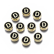 Alloy Enamel Beads, Cadmium Free & Lead Free, Light Gold, Flat Round with Alphabet, Black, Letter.D, 8x4mm, Hole: 1.5mm(ENAM-N052-006-02D-RS)