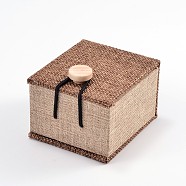 Rectangle Wooden Ring Boxes, with Burlap and Velvet, Camel, 7x6x5.2cm(X-OBOX-N013-02)