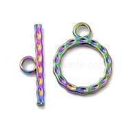 Ion Plating(IP) 304 Stainless Steel Toggle Clasps, Round Ring, Rainbow Color, Ring: 18x14x2mm, Hole: 2.8mm, 10.5mm inner diameter, Bar: 19.5x5.5x2mm, hole: 2.8mm(STAS-F290-04MC)