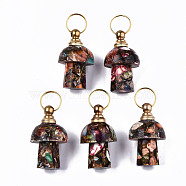 Assembled Synthetic Bronzite and Imperial Jasper Openable Perfume Bottle Pendants, with Light Gold Brass Findings, Dyed, Mushroom, Colorful, Capacity: 1ml(0.03 fl. oz), 34~35x20~21mm, Hole: 10.5mm(G-S366-057D)