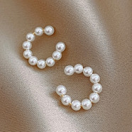 Brass C-shaped Imitation Pearl Earrings for Women, Seashell Color, 17x13mm(FS-WG74036-01)