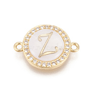 Brass Micro Pave Cubic Zirconia Links, with Shell, Long-Lasting Plated, Lead Free & Cadmium Free & Nickel Free, Real 18K Gold Plated, Flat Round with Letter, Clear, Letter.Z, 13.5x18.5x4.5mm, Hole: 1.4mm(ZIRC-L078-006Z-NR)