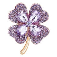 Cubic Zirconia Clover Brooch Pin, Golden Alloy Badge for Backpack Clothes, Purple, 42x50mm(JBR105D)