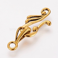 Tibetan Style Hook and Eye Clasps, Lead Free and Cadmium Free, Antique Golden, Size: Toggle: 12mm wide, 25mm long, Bar: 16mm long, hole: 3mm(X-GLF1157Y)