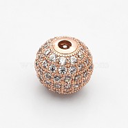 CZ Brass Micro Pave Grade AAA Clear Color Cubic Zirconia Round Beads, Cadmium Free & Nickel Free & Lead Free, Rose Gold, 10mm, Hole: 2mm(KK-O065-10mm-05RG-NR)
