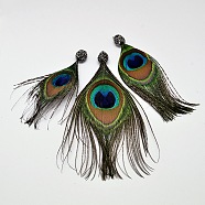 Peacock Feather Big Pendants, with Polymer Clay Rhinestone and Brass Findings, Platinum, DarkGreen, 102~147x40~68x10mm, Hole: 2mm(RB-I074-01)